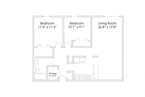 Floor plan for 2 beds, 1 bath, 860 sqft